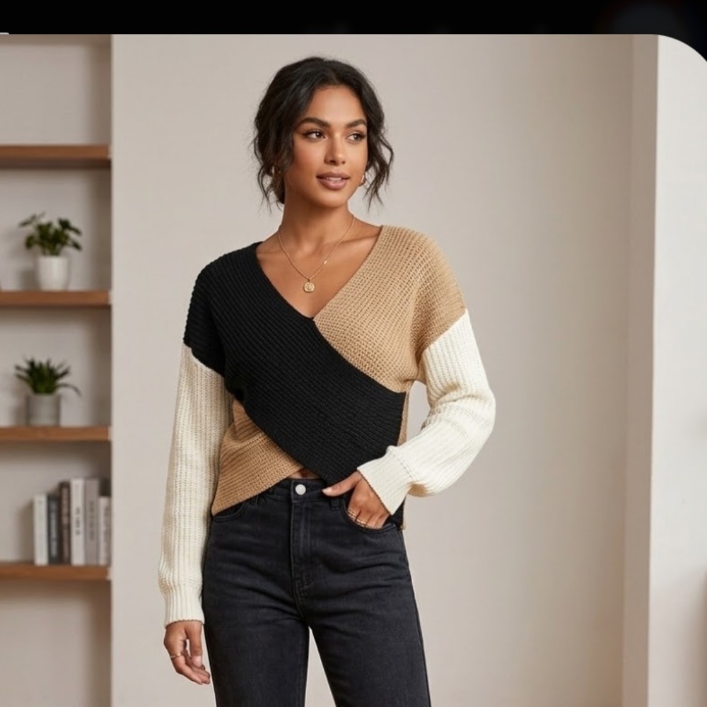 Derek Heart Colorblock V-Neck Sweater in Black, Tan & Cream